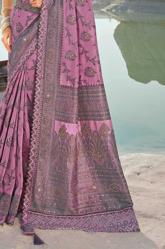 Pink Color Silk Fabric Chic Wedding Wear Saree