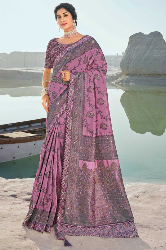 Pink Color Silk Fabric Chic Wedding Wear Saree