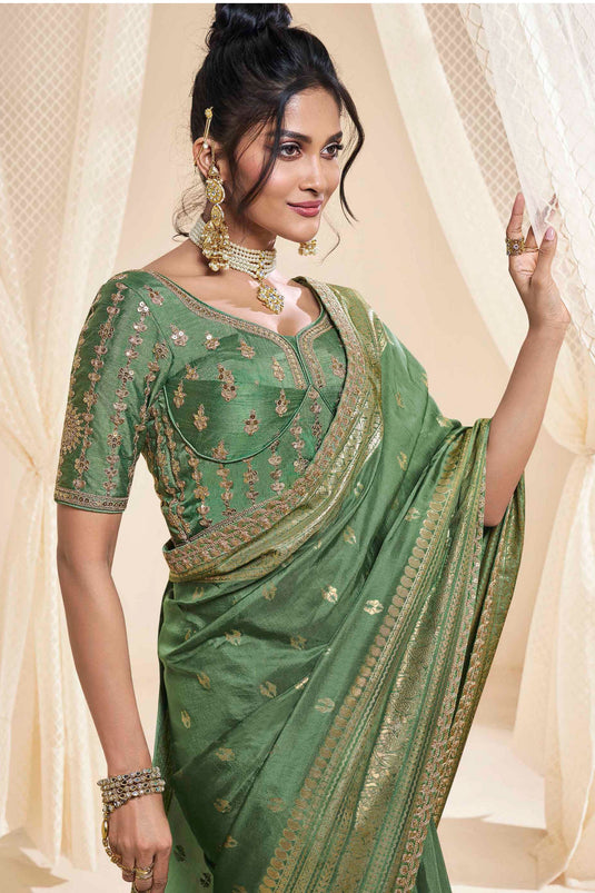 Silk Fabric Sangeet Wear Vivacious Saree In Green Color