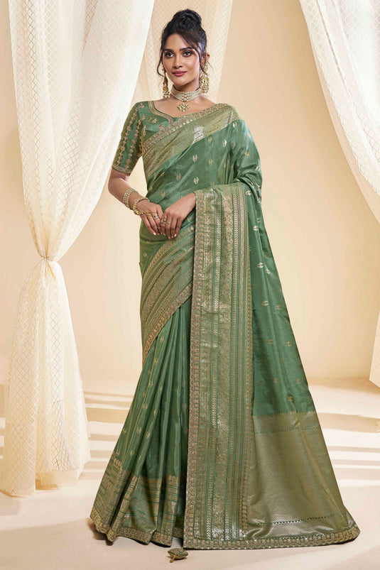 Silk Fabric Sangeet Wear Vivacious Saree In Green Color