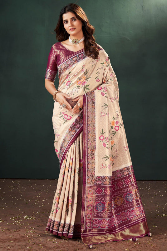 Komal Vora Cream Color Glorious Weaving Designs Silk Saree