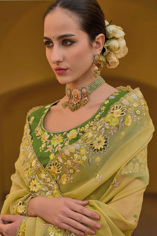 Beguiling Border Work On Green Color Organza Silk Fabric Saree