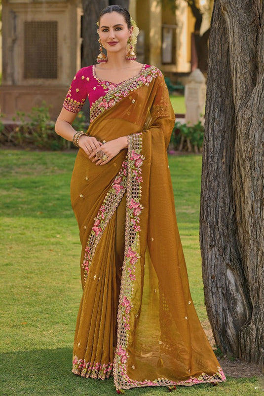 Engaging Brown Color Organza Silk Fabric Saree With Border Work