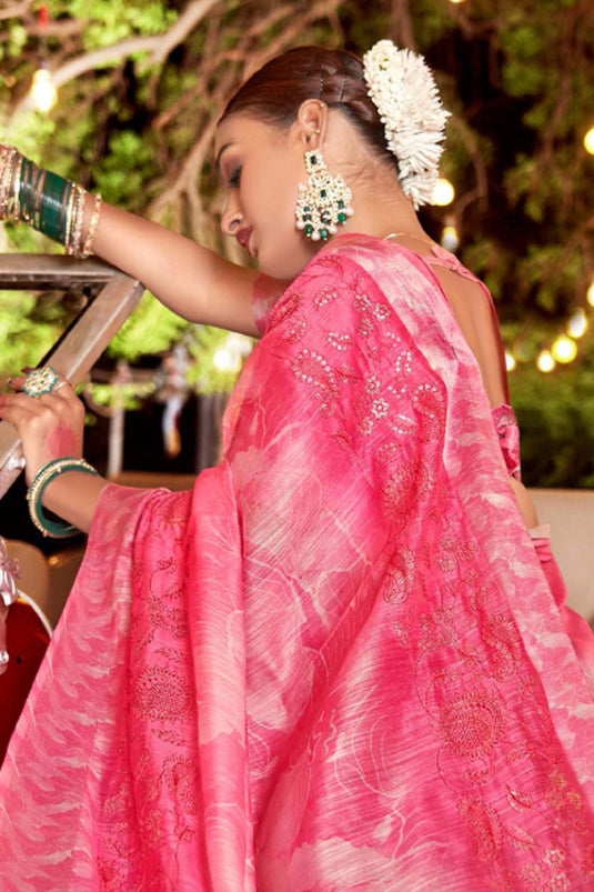 Printed Work Imposing Art Silk Fabric Saree In Pink Color