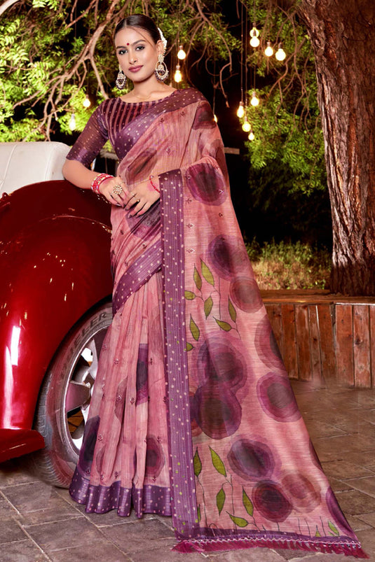 Peach Color Glorious Art Silk Fabric Saree With Printed Work