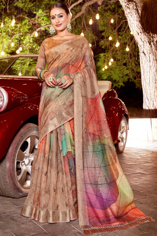 Blazing Multi Color Printed Work Art Silk Fabric Saree