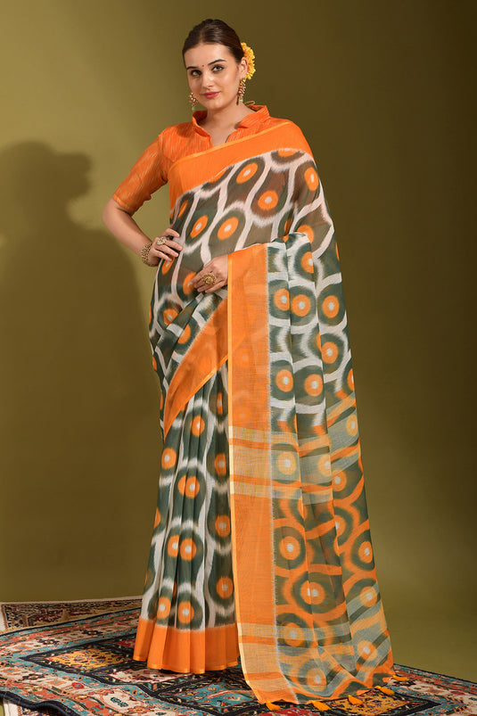 Printed Work On Linen Fabric Bewitching Saree In Multi Color