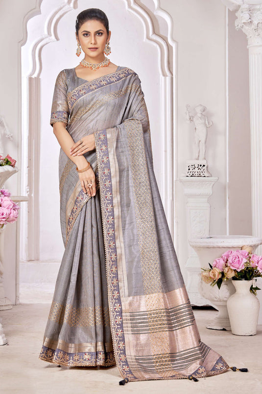 Embroidered Work On Captivating Silk Fabric Saree In Grey Color