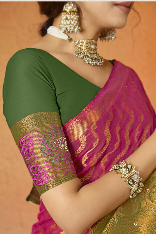 Alluring Rani Color Embroidered Georgette Saree