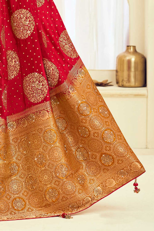 Blazing Red Color Weaving Designs Silk Saree