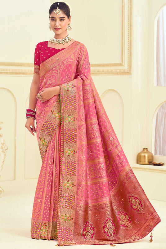 Pink Color Exquisite Weaving Designs Silk Saree