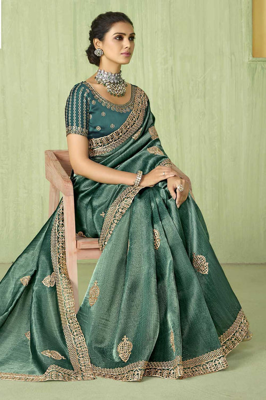 Beautiful Teal Color Saree In Silk Fabric