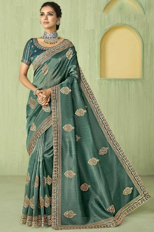 Beautiful Teal Color Saree In Silk Fabric