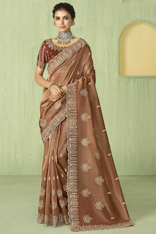 Dazzling Brown Color Silk Fabric Saree