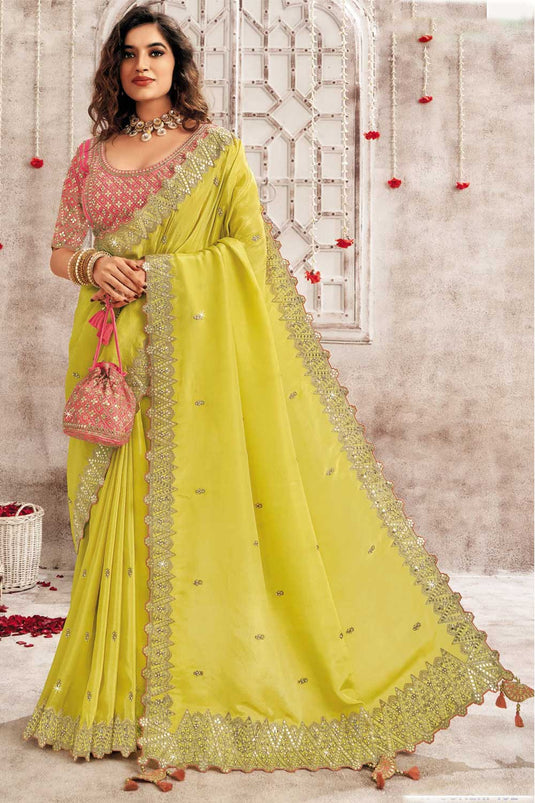 Amazing Border Work On Yellow Color Organza Saree