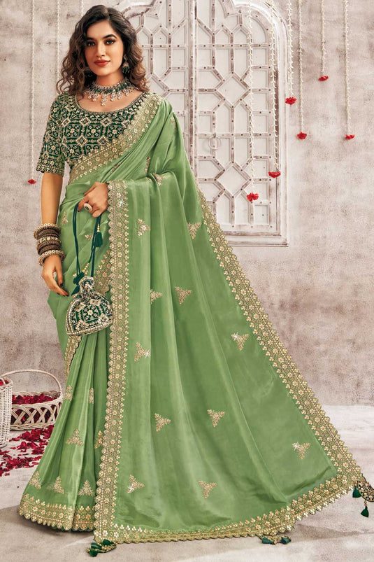 Trendy Green Color Organza Saree With Border Work