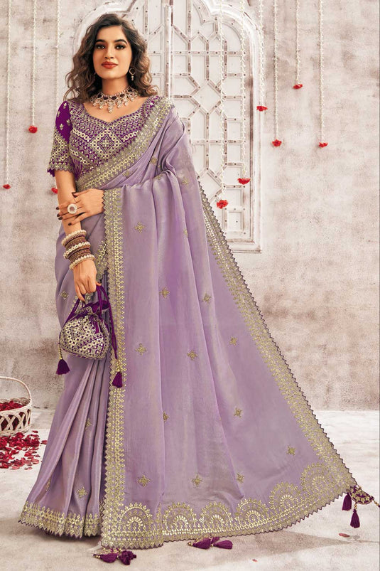 Lavender Color Border Work Organza Chic Saree