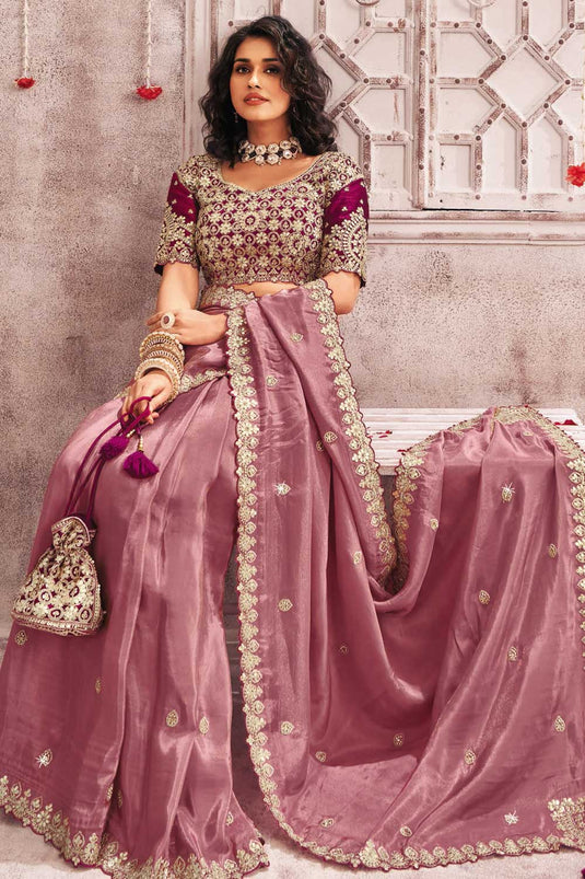 Border Work Organza Pink Color Gorgeous Saree