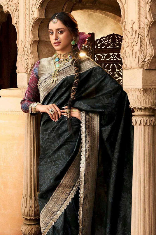 Trendy Banarasi Silk Black Color Saree In Festive Wear