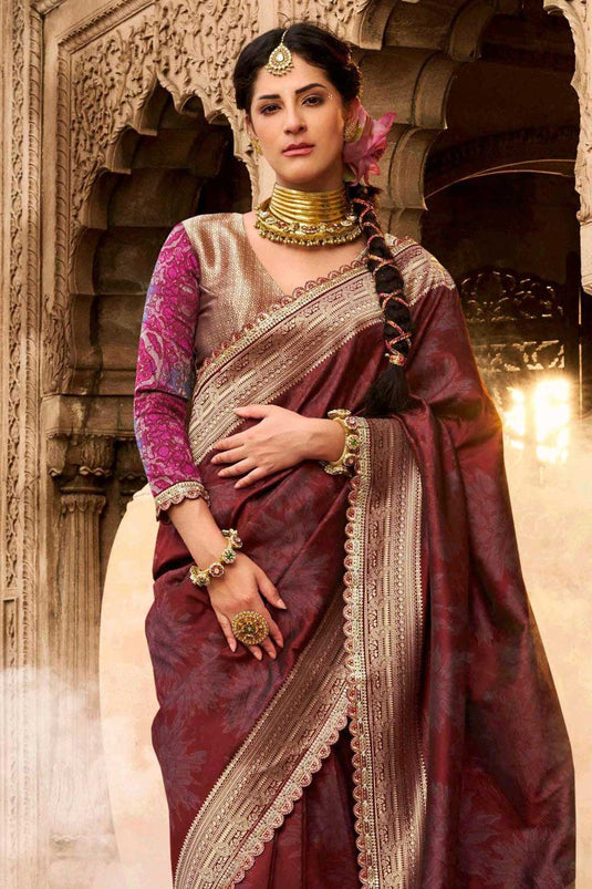 Soothing Festive Wear Maroon Color Banarasi Silk Saree