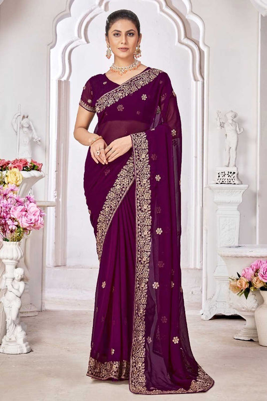 Purple Color Border Work Brilliant Georgette Saree