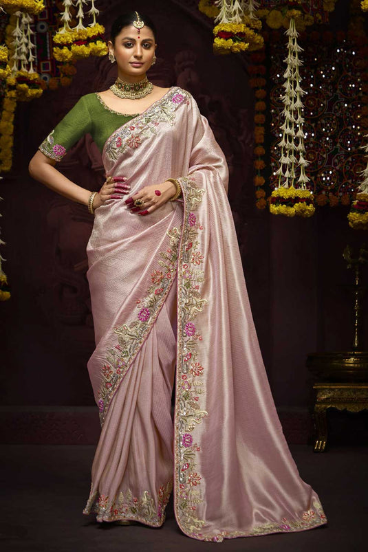 Peach Color Riveting Border Work Silk Saree