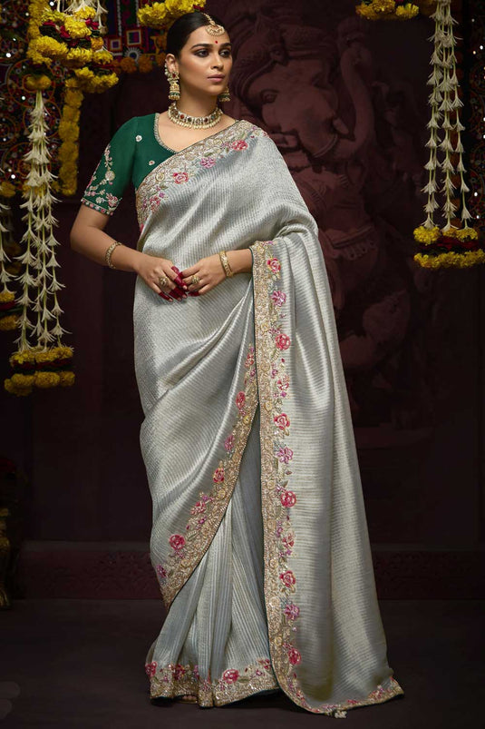 Creative Grey Color Border Work Silk Saree