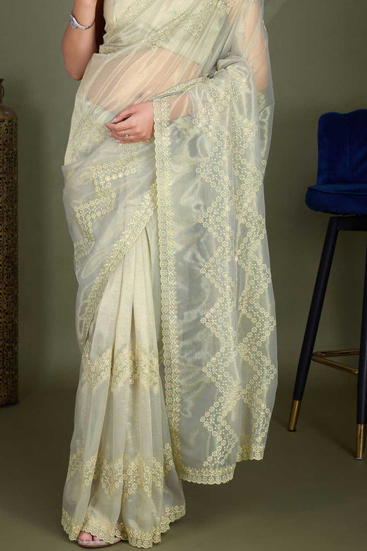 Elegant Net Fabric Beige Color Embroidered Saree