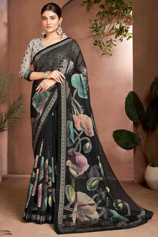 Radiant Digital Printed Black Color Brasso Fabric Saree