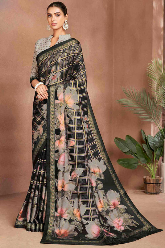 Black Color Digital Printed Brasso Fabric Beatific Saree