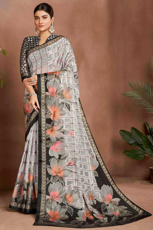 Beguiling Digital Printed White Color Brasso Fabric Saree