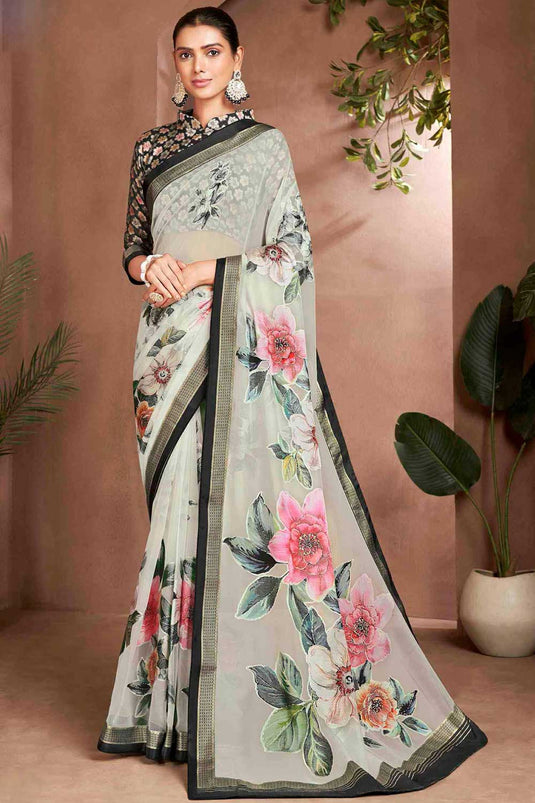 Tempting Brasso Fabric Digital Printed Off White Color Saree