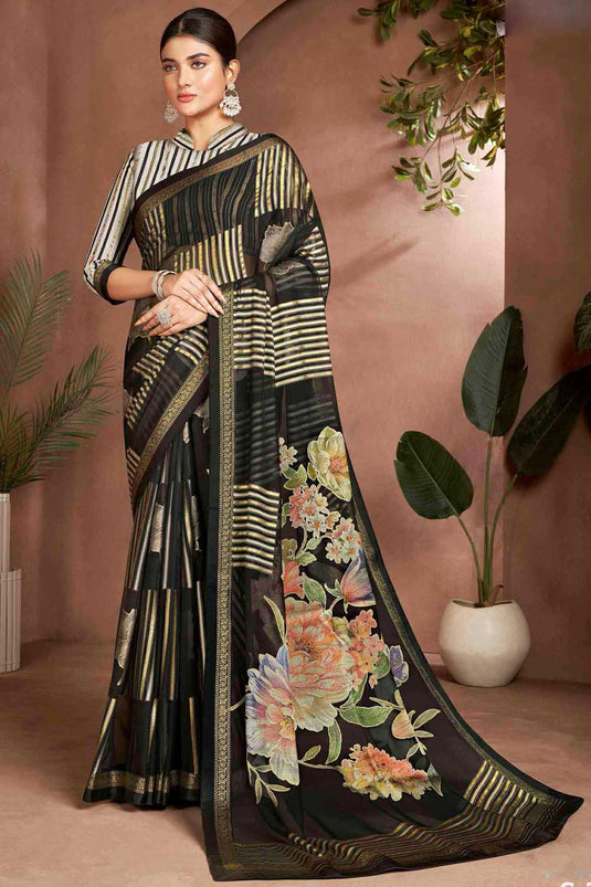 Engaging Black Color Brasso Fabric Digital Printed Saree