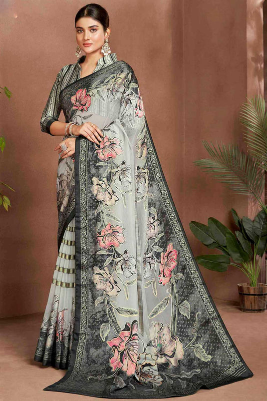 Creative Digital Printed Saree In Grey Color Brasso Fabric