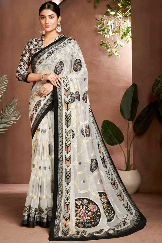 Amazing White Color Brasso Fabric Digital Printed Saree