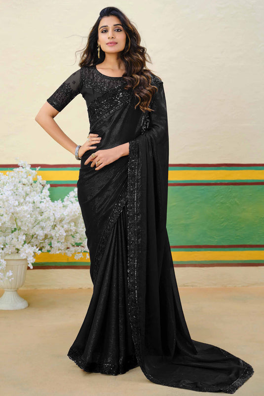 Function Wear Shimmer Silk Saree In Black Color