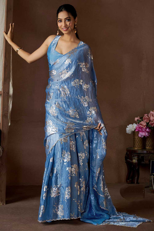 Function Wear Imposing Satin Silk Saree In Sky Blue Color