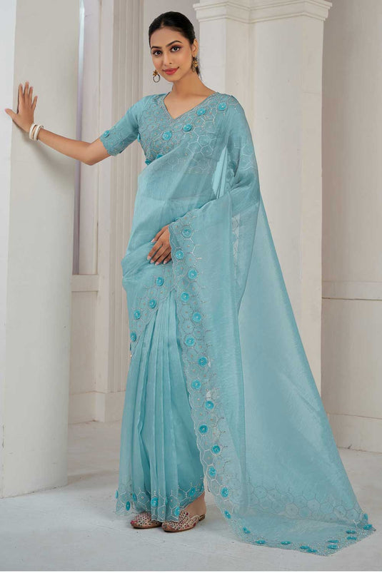 Imposing Organza Fabric Saree In Light Cyan Color