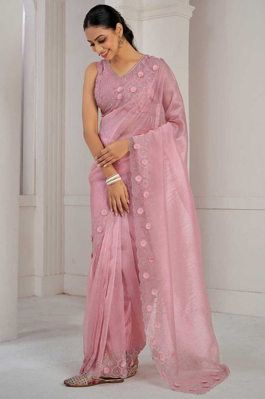 Peach Color Glorious Organza Fabric Saree