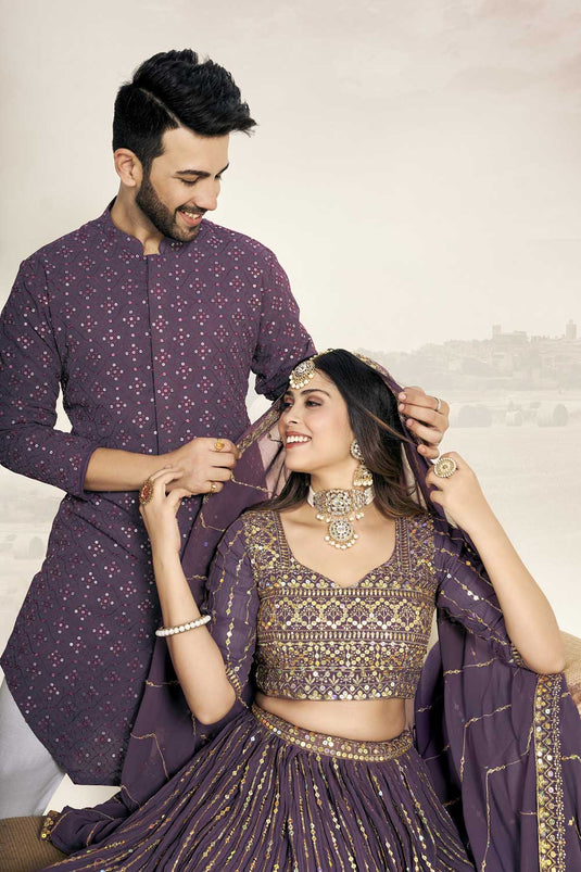 Sequins Work Georgette Ravishing Couple Wear Set In Lavender Color