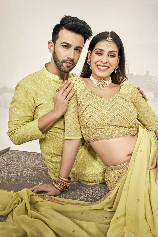 Yellow Color Lovely Sequins Work Couple Wear Set In Georgette Fabric