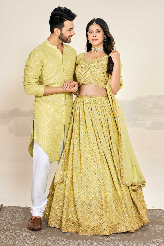 Yellow Color Lovely Sequins Work Couple Wear Set In Georgette Fabric