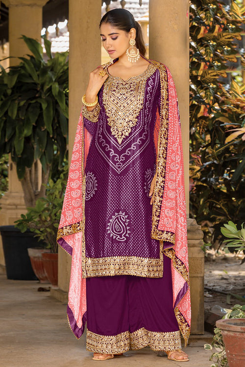 Bandhani Print Chinon Purple Readymade Palazzo Suit