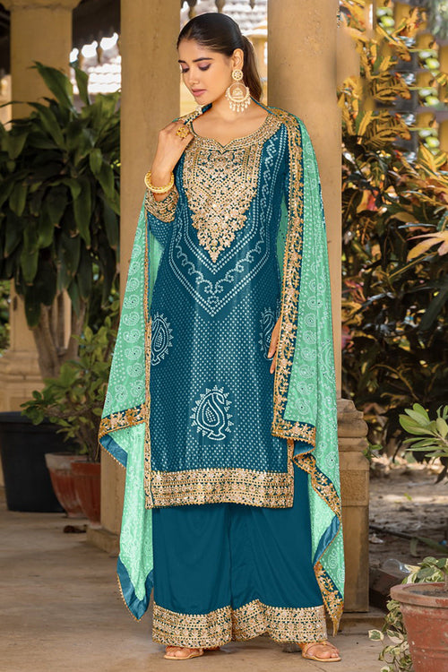 Chinon Teal Bandhani Print Readymade Palazzo Dress