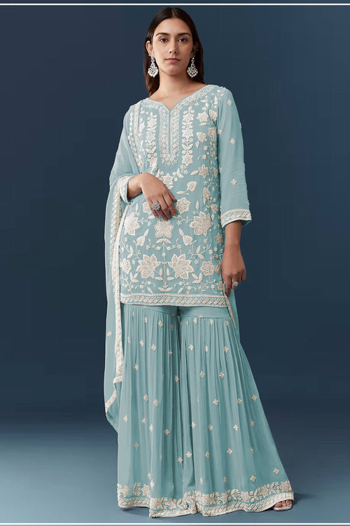 Embroidered Cyan Georgette Chiffon Designer Palazzo Dress