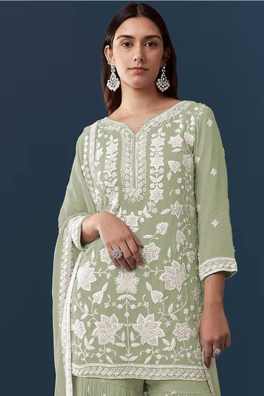 Georgette Chiffon Embroidered Sea Green Palazzo Salwar Suit With Dupatta
