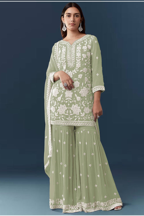 Georgette Chiffon Embroidered Sea Green Palazzo Salwar Suit With Dupatta