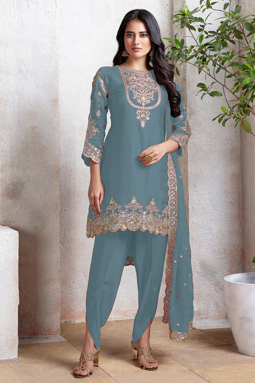 Light Cyan Designer Art Silk Patiala Suit With Embroidery Work