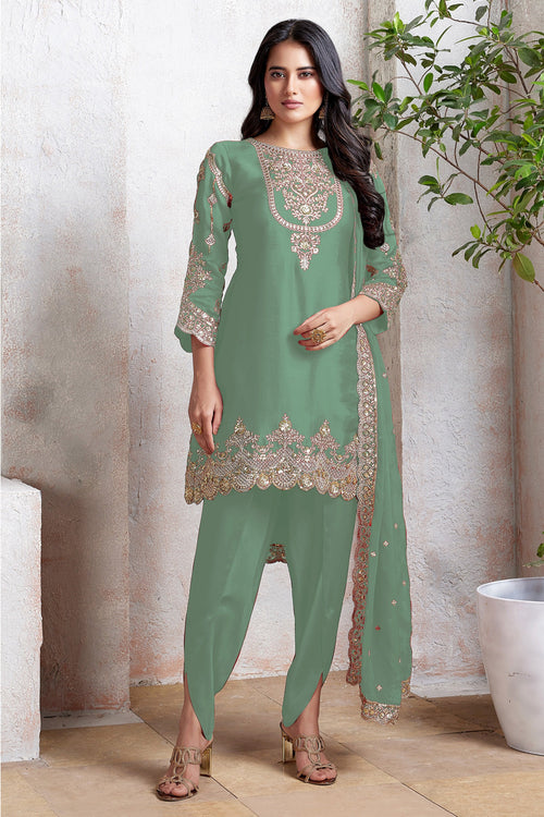 Sea Green Art Silk Embroidered Patiala Suit For Function Wear