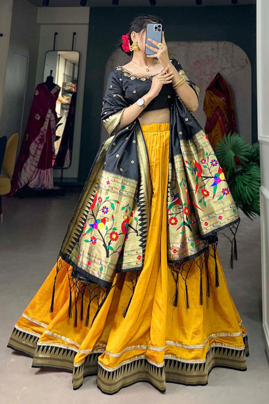 Function Wear Weaving Work Yellow Color Fashionable Lehenga In Art Silk Fabric